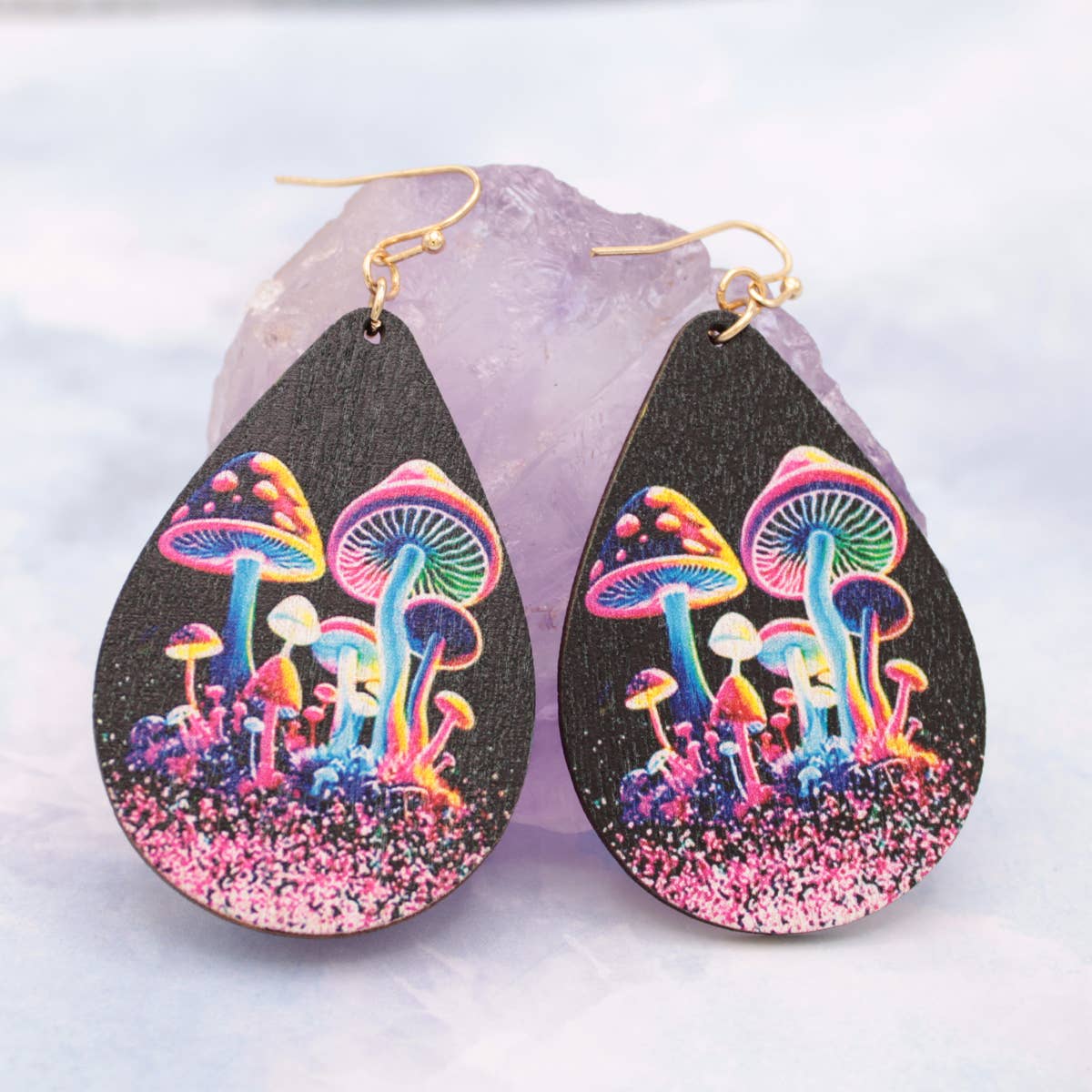1 Neon Magic Wood Mushroom Print Earring