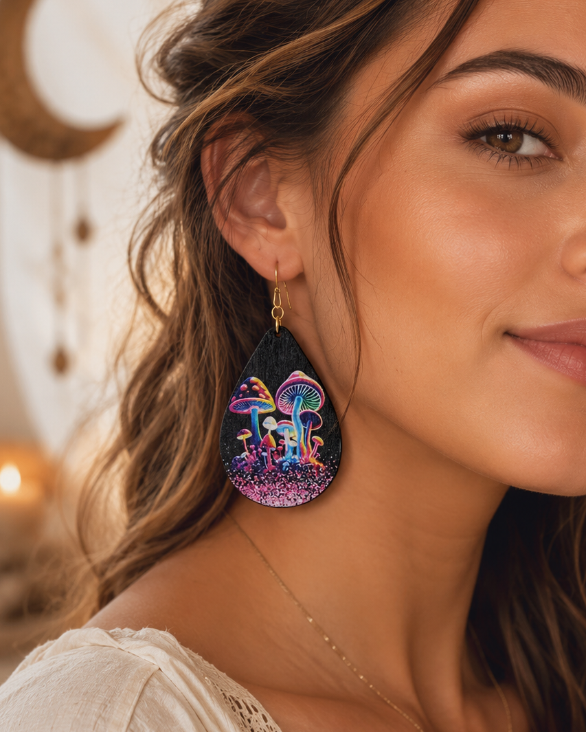 1 Neon Magic Wood Mushroom Print Earring